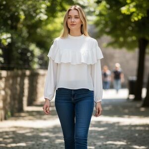 Forever 21 White Long Sleeves Ruffled Pure White Top Size S